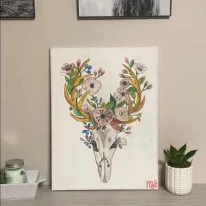 Rustic Skull Flower watercolor canvas handpainting